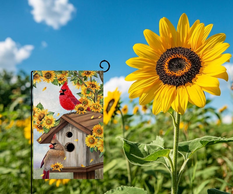 BLKWHT Summer Sunflowers Cardinal Bird Garden Flag 12x18 Vertical Double Sided Yellow Flowers Spring Farmhouse Holiday Outside Decorations Burlap Yard Flag BW815 - Image 3